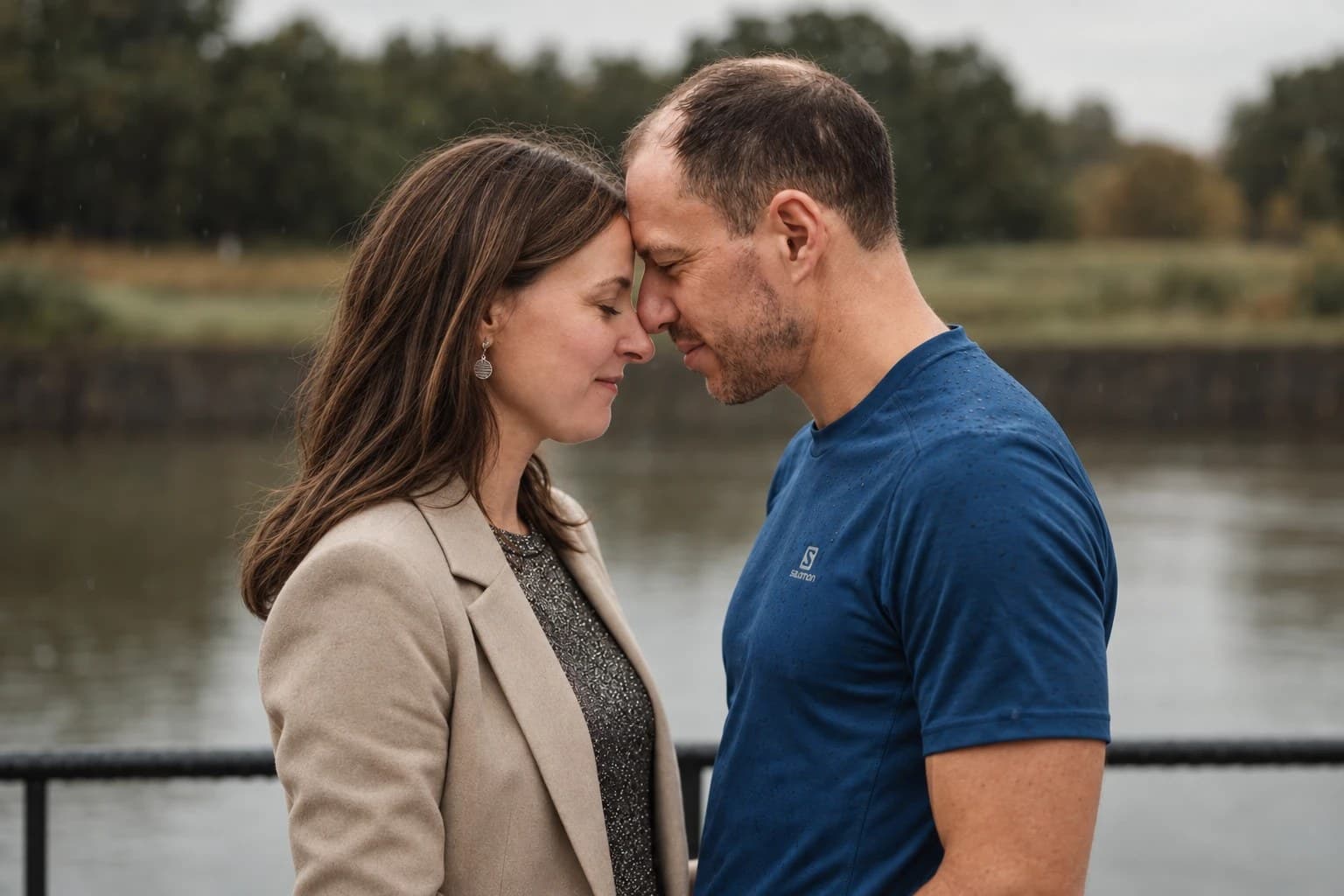 Mirjam en David, voorhoofd tegen voorhoofd, bij het water