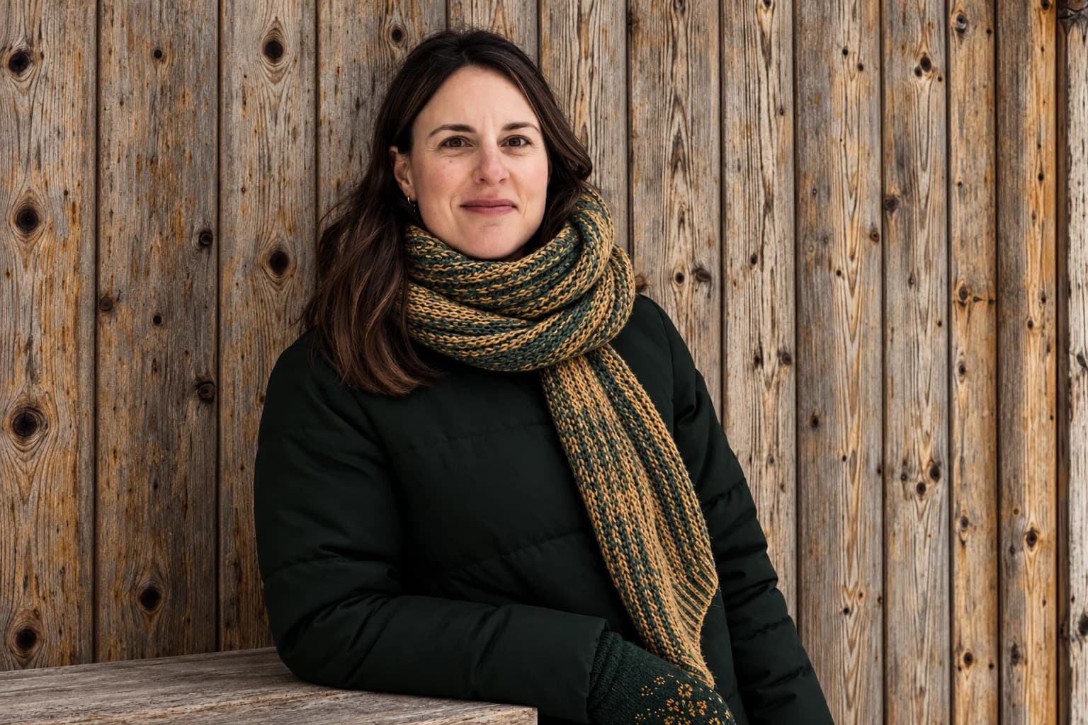 Portret van Mirjam Slokker voor een houten wand
