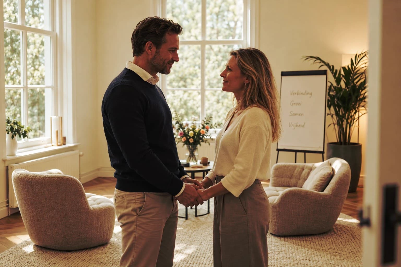 Een man en een vrouw houden elkaars handen vast en kijken elkaar aan in een lichte kamer